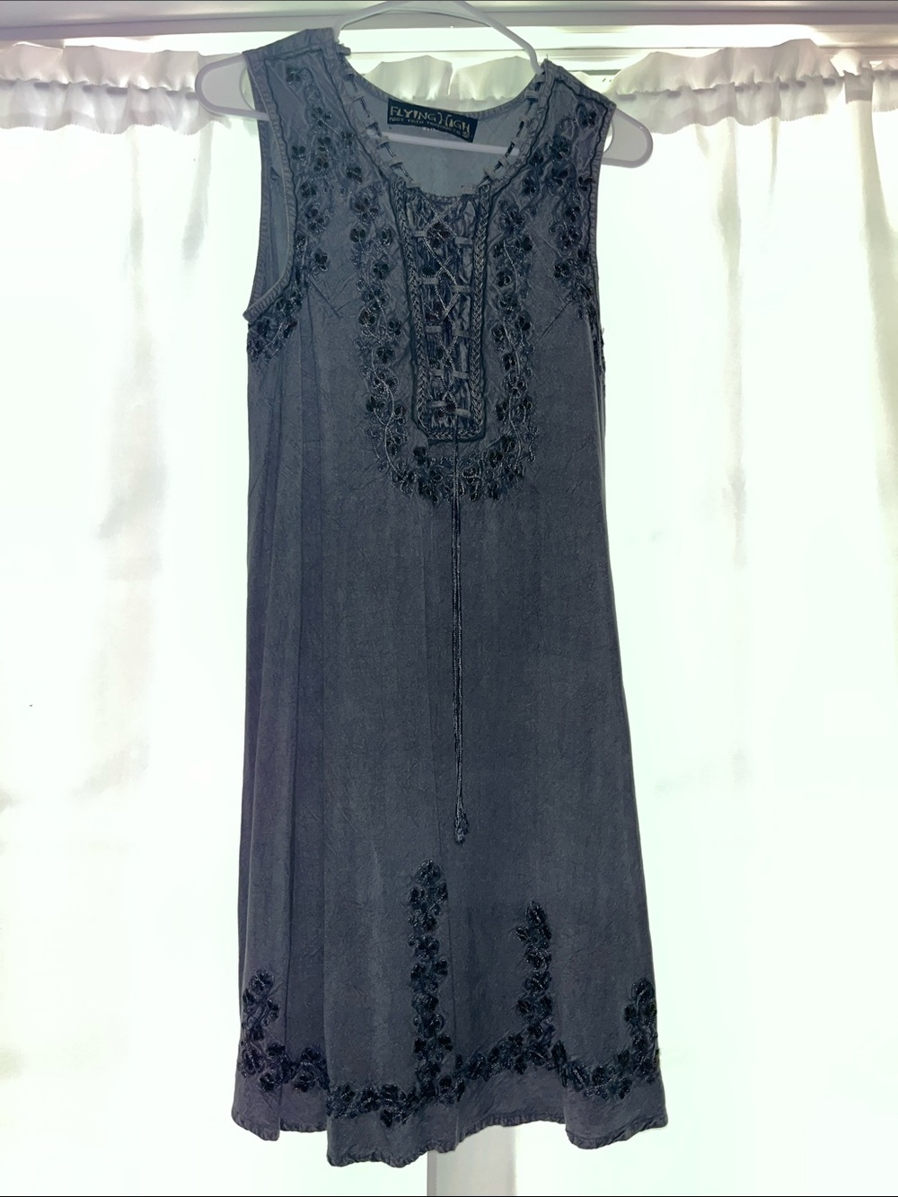 Flying High Charcoal Blue Floral Embroidered Sleeveless Tunic Dress